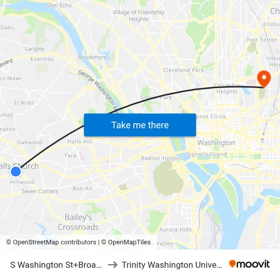 S Washington St+Broad St to Trinity Washington University map