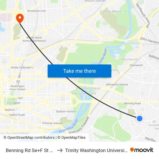 Benning Rd Se+F St SE to Trinity Washington University map