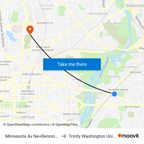Minnesota Av Ne+Benning Rd NE to Trinity Washington University map