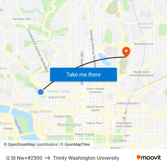 Q St Nw+#2500 to Trinity Washington University map