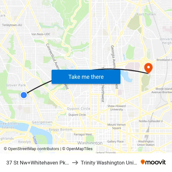 37 St Nw+Whitehaven Pkwy NW to Trinity Washington University map