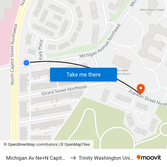 Michigan Av Ne+N Capitol St NE to Trinity Washington University map