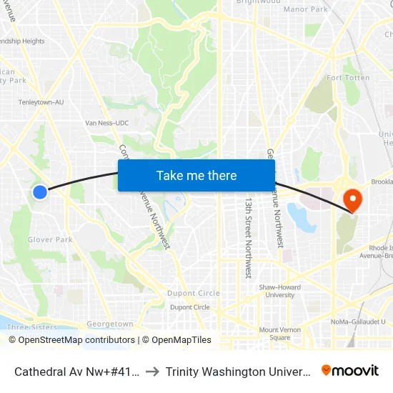 Cathedral Av Nw+#4100 to Trinity Washington University map