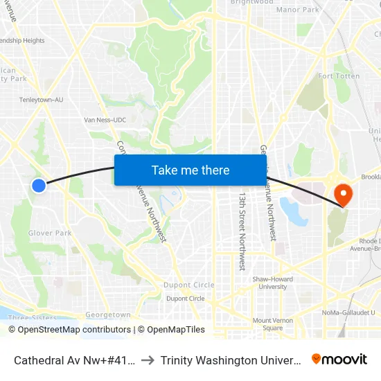 Cathedral Av Nw+#4101 to Trinity Washington University map