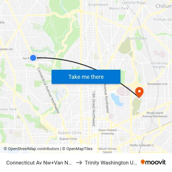 Connecticut Av Nw+Van Ness St NW to Trinity Washington University map