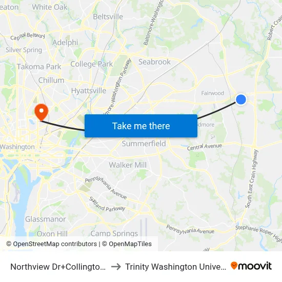 Northview Dr+Collington Rd to Trinity Washington University map