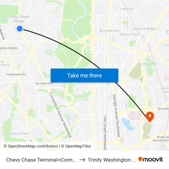 Chevy Chase Terminal+Connecticut Av NW to Trinity Washington University map