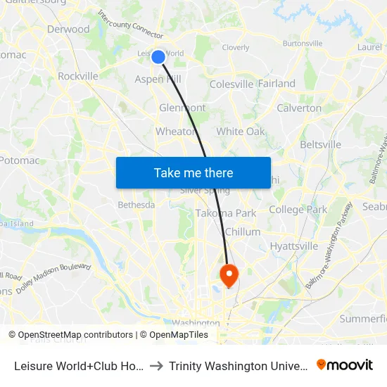 Leisure World+Club House to Trinity Washington University map