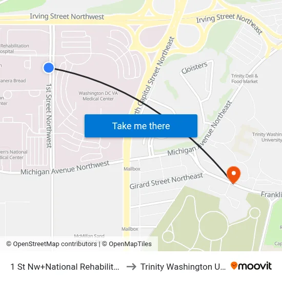 1 St Nw+National Rehabilitation Hosp to Trinity Washington University map