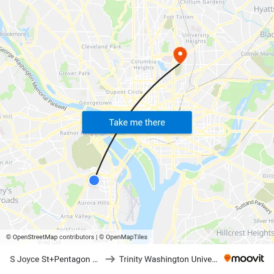 S Joyce St+Pentagon Row to Trinity Washington University map