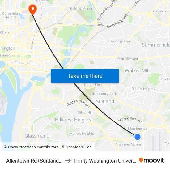 Allentown Rd+Suitland Rd to Trinity Washington University map