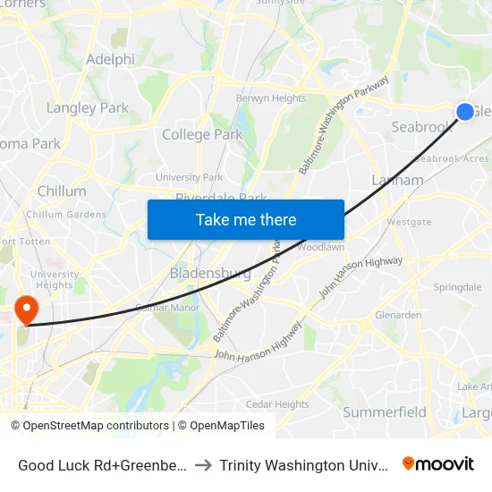 Good Luck Rd+Greenbelt Rd to Trinity Washington University map