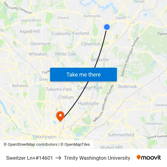 Sweitzer Ln+#14601 to Trinity Washington University map