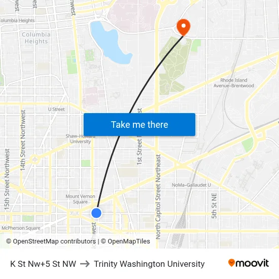 K St Nw+5 St NW to Trinity Washington University map