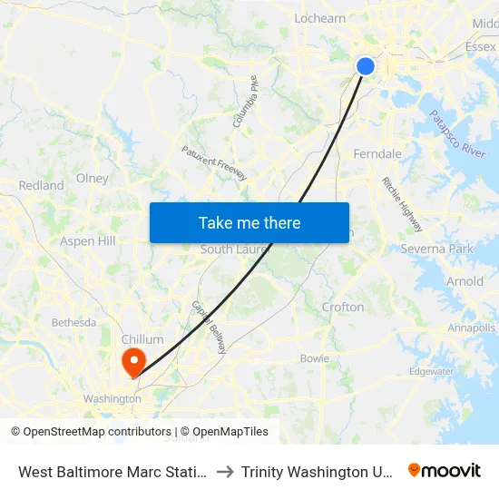 West Baltimore Marc Station Bay 3 to Trinity Washington University map