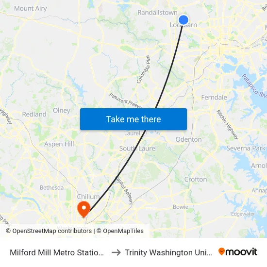Milford Mill Metro Station Bay 2 to Trinity Washington University map