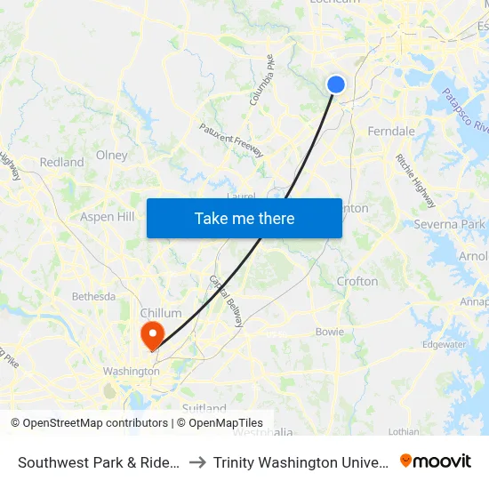 Southwest Park & Ride Lot to Trinity Washington University map