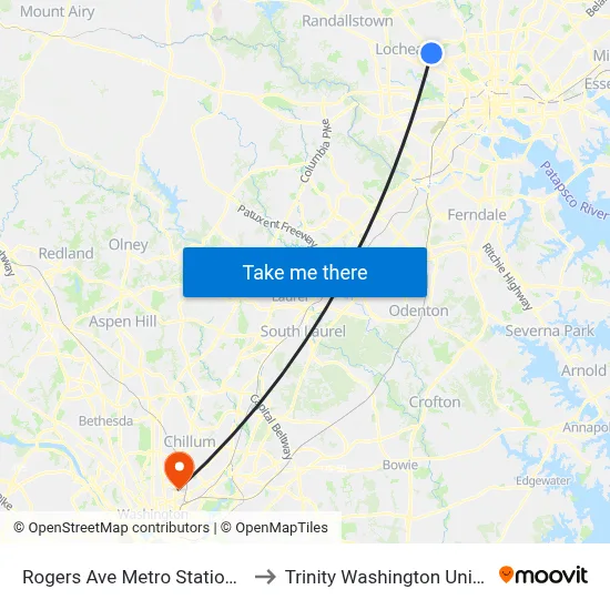 Rogers Ave Metro Station Bay 1 to Trinity Washington University map
