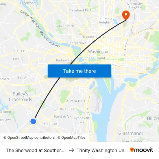 The Sherwood at Southern Towers to Trinity Washington University map