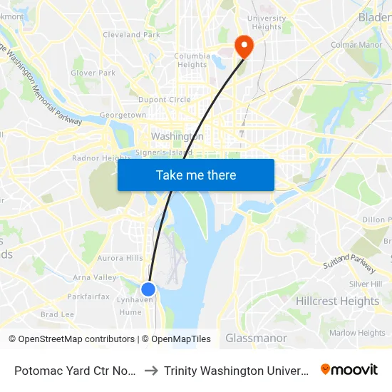 Potomac Yard Ctr North to Trinity Washington University map