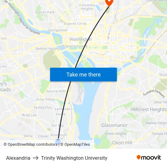 Alexandria to Trinity Washington University map