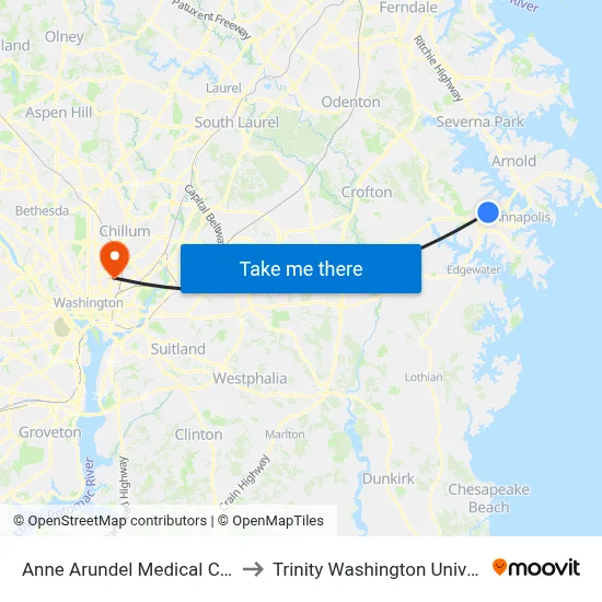 Anne Arundel Medical Center to Trinity Washington University map