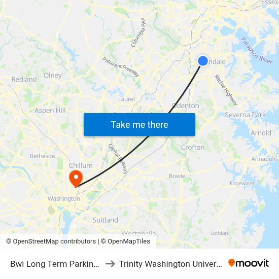 Bwi Long Term Parking A to Trinity Washington University map