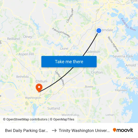 Bwi Daily Parking Garage to Trinity Washington University map