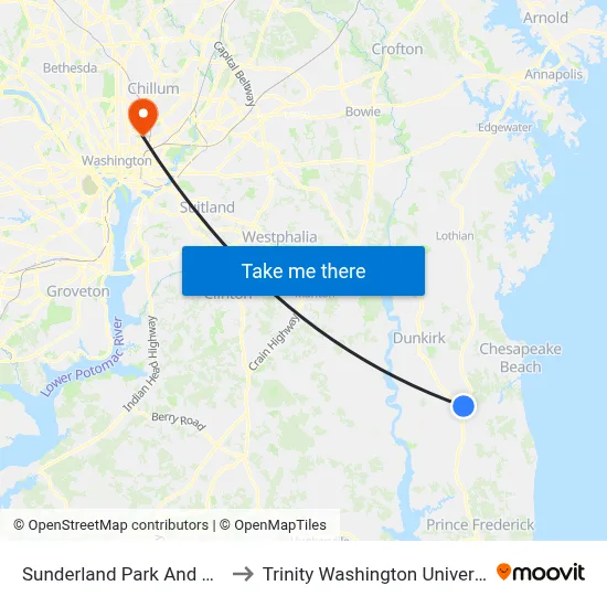 Sunderland Park And Ride to Trinity Washington University map