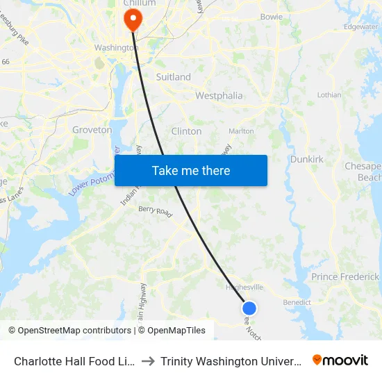 Charlotte Hall Food Lion to Trinity Washington University map