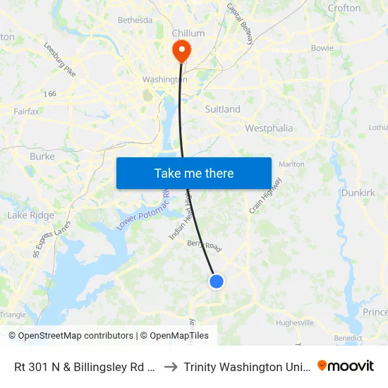 Rt 301 N & Billingsley Rd (Wawa) to Trinity Washington University map