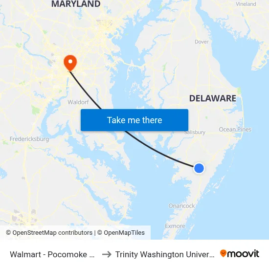 Walmart - Pocomoke City to Trinity Washington University map