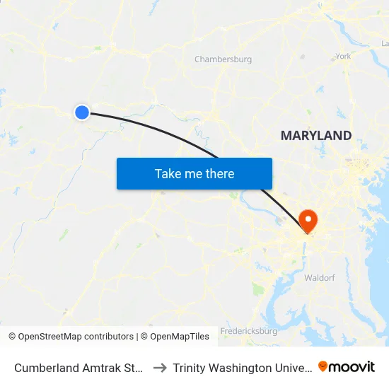 Cumberland Amtrak Station to Trinity Washington University map