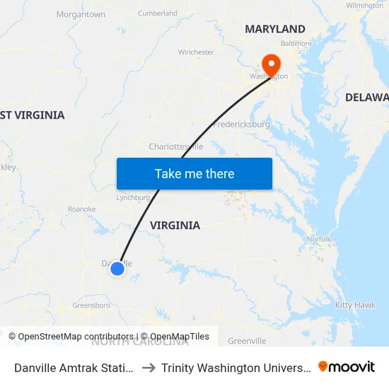 Danville Amtrak Station to Trinity Washington University map