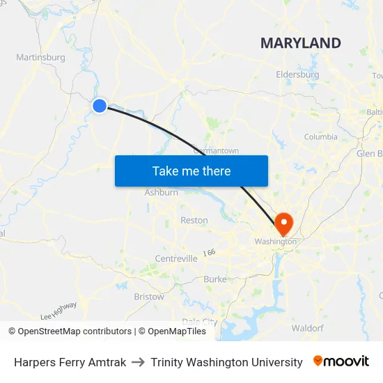 Harpers Ferry Amtrak to Trinity Washington University map