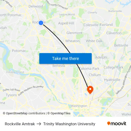 Rockville Amtrak to Trinity Washington University map