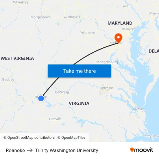Roanoke to Trinity Washington University map
