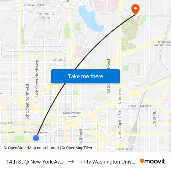 14th St @ New York Ave NW to Trinity Washington University map