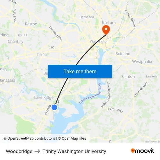 Woodbridge to Trinity Washington University map