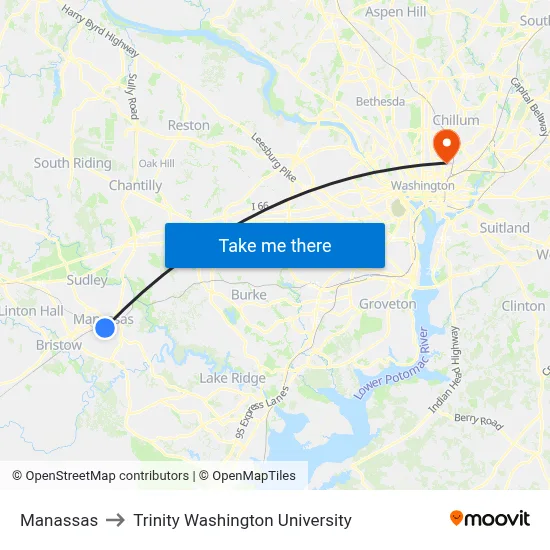 Manassas to Trinity Washington University map