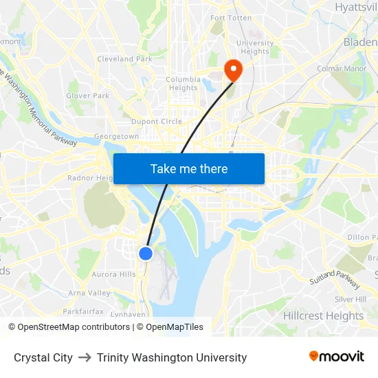 Crystal City to Trinity Washington University map