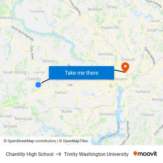 Chantilly High School to Trinity Washington University map