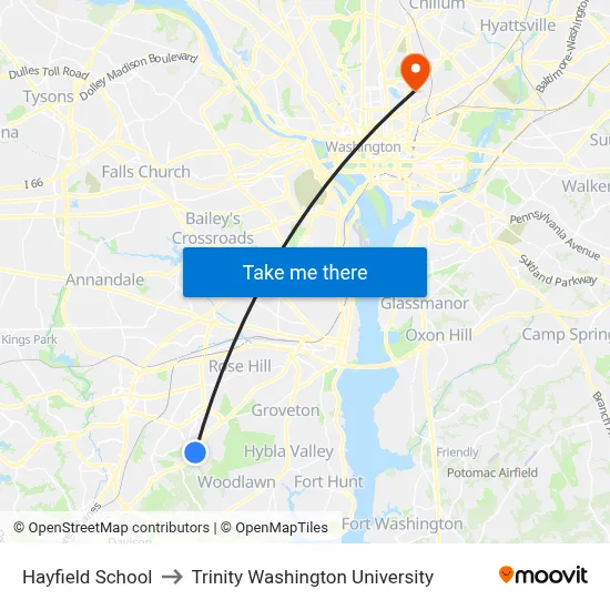 Hayfield School to Trinity Washington University map