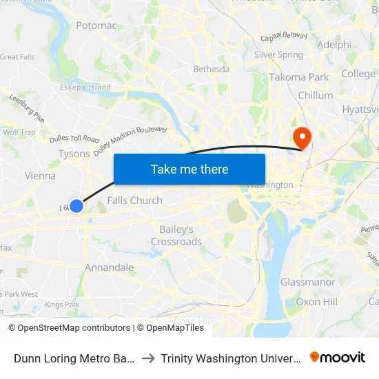Dunn Loring Metro Bay B to Trinity Washington University map