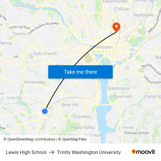 Lewis High School to Trinity Washington University map