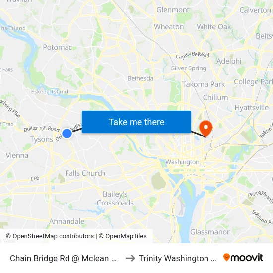 Chain Bridge Rd @ Mclean Commons Ct to Trinity Washington University map