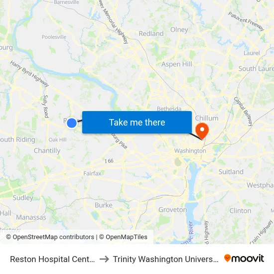 Reston Hospital Center to Trinity Washington University map