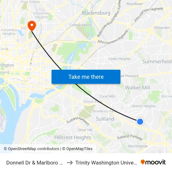 Donnell Dr & Marlboro Pike to Trinity Washington University map