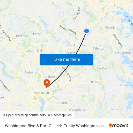 Washington Blvd & Port Capital Dr to Trinity Washington University map