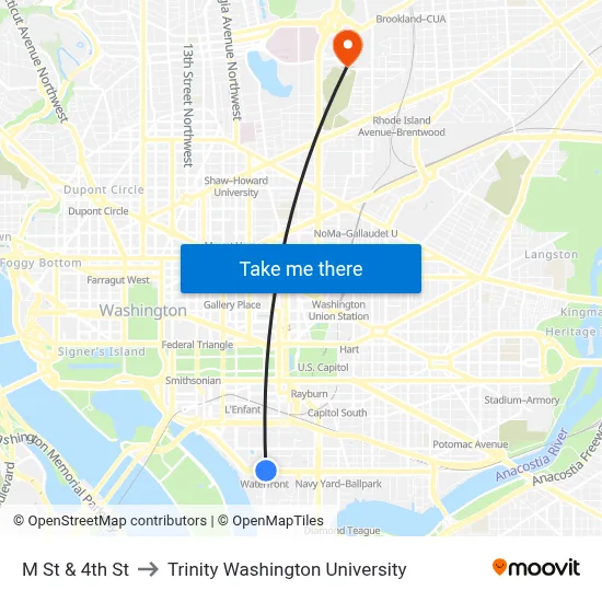 M St & 4th St to Trinity Washington University map